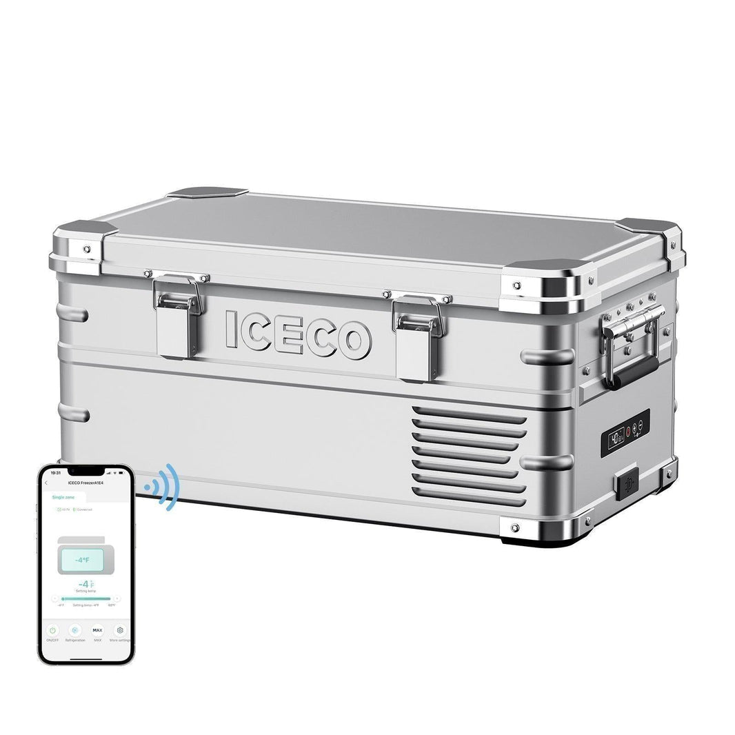 ICECO APL20 21QT single zone aluminum fridge freezer in silver with app on phone