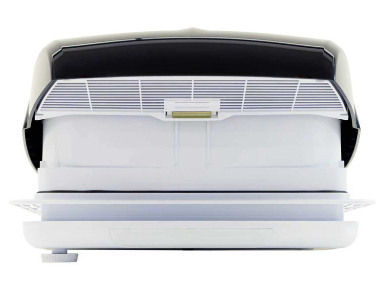 Carbonogy RV roof vent fan front view with vent grille and filter