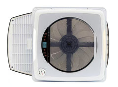 Carbonogy RV roof vent fan top view showing fan blades and open filter panel