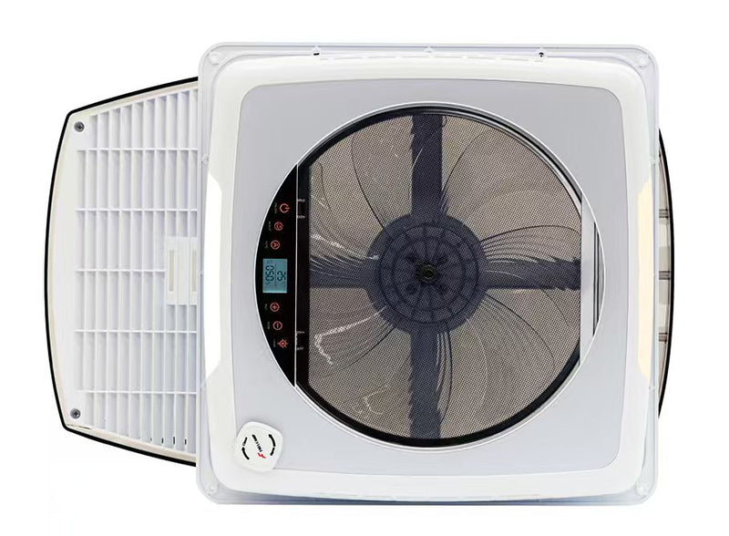 Carbonogy RV roof vent fan top view showing fan blades and open filter panel
