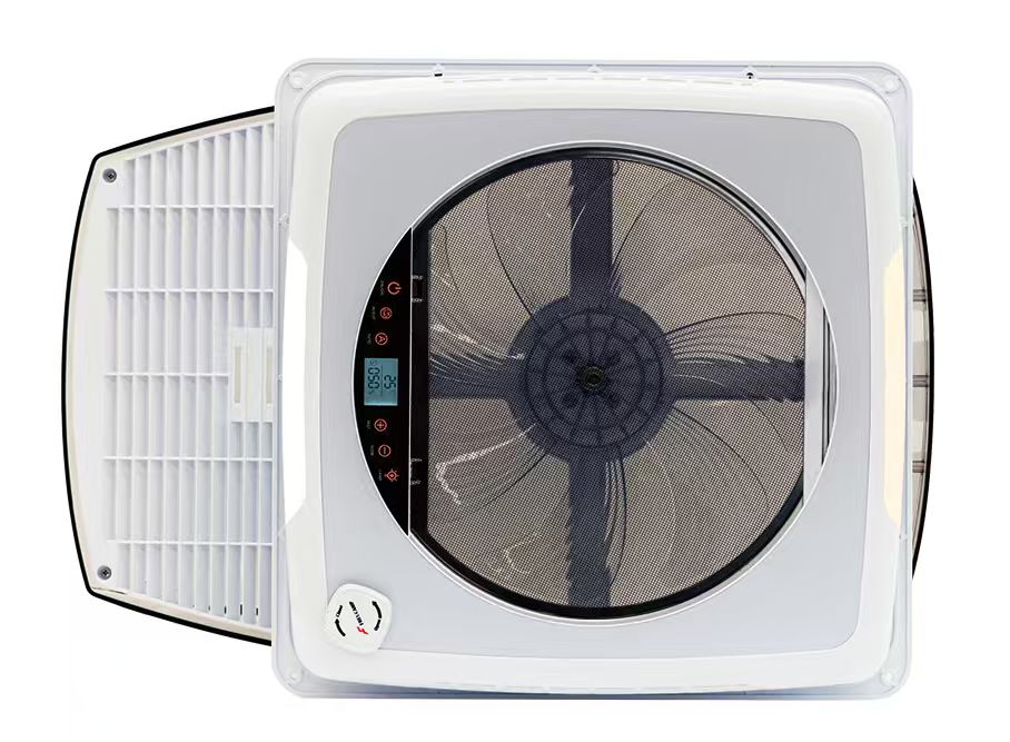 Carbonogy RV roof vent fan top view showing fan blades and open filter panel