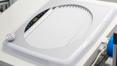 Carbonogy RV roof vent fan top view with LCD control panel and pleated filter