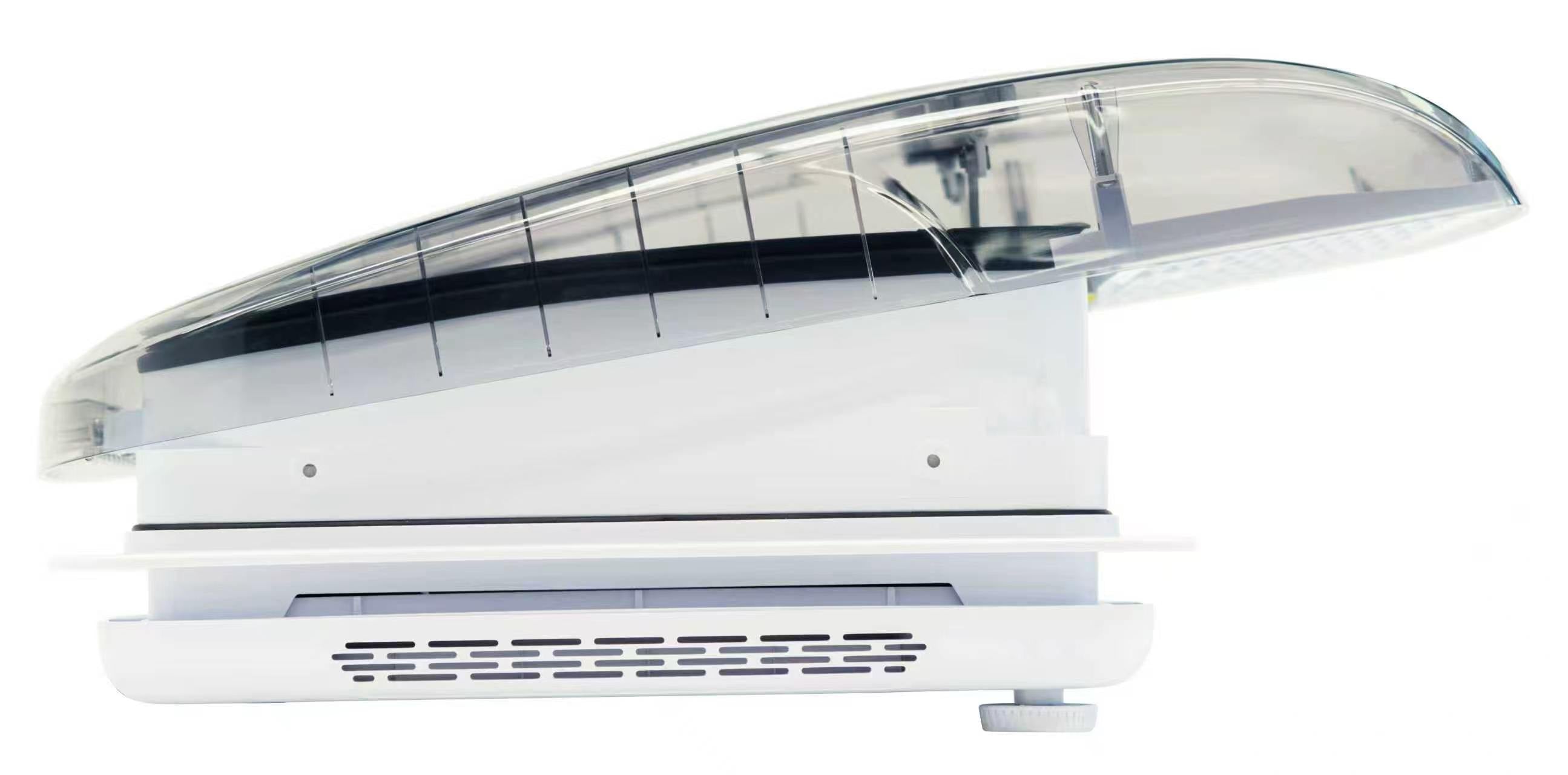 Carbonogy RV roof vent fan with clear smoked cover, side profile