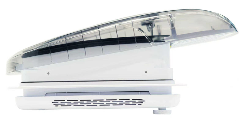 Carbonogy RV roof vent fan with clear smoked cover, side profile
