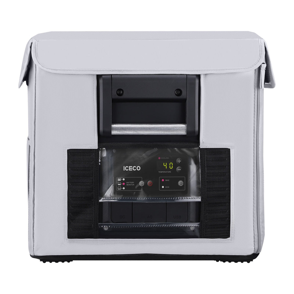 ICECO insulated protective cover on a VL35ProS portable fridge, gray