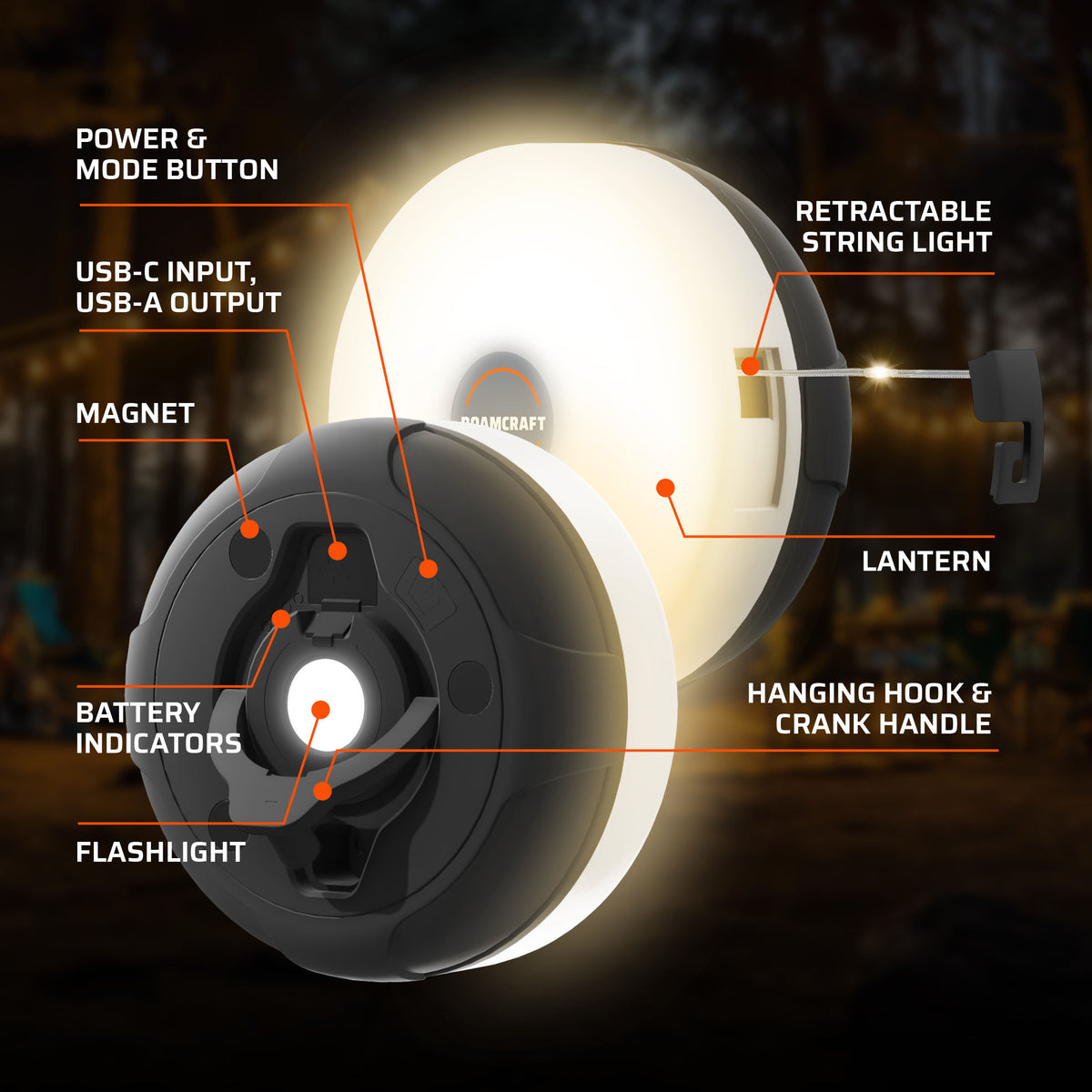 Retractable LED camping string light with power bank