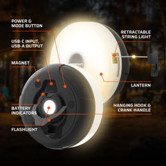 Retractable LED camping string light with power bank