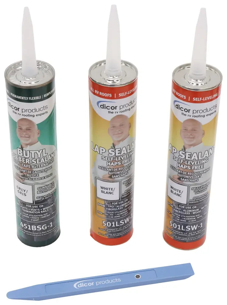 Dicor RA231KIT Seal-Tite rooftop accessory install kit contents: 451BSG-1 gunnable butyl sealant, 2 x 501LSW-1 white self-leveling lap sealant and putty knife