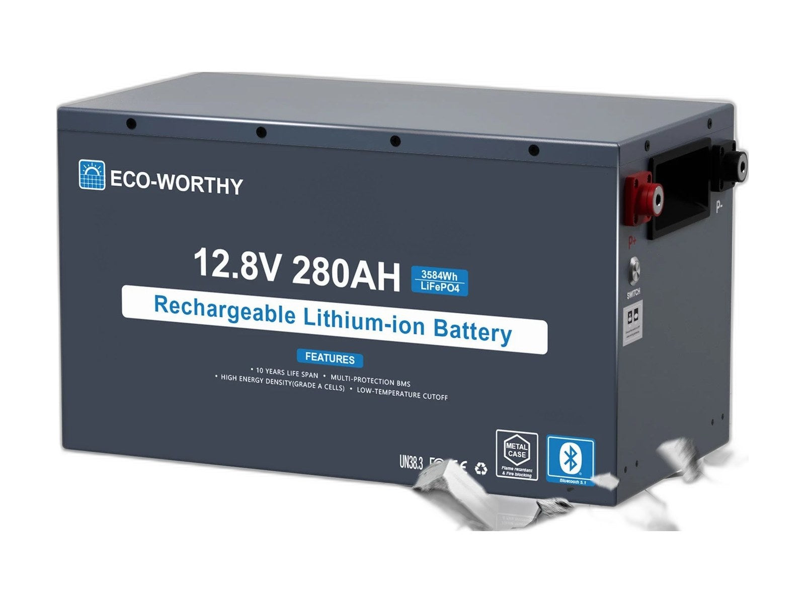 eco worthy 12v 280ah metal case lifepo4 lithium on white background