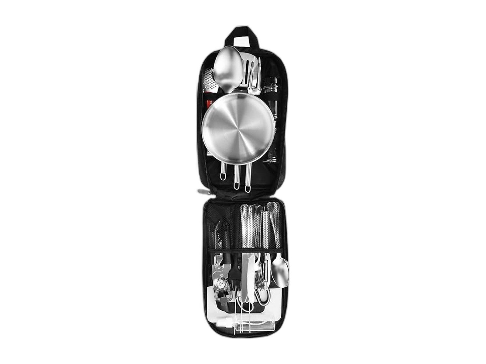 essential camping utensils set campers mess gear kit on white background