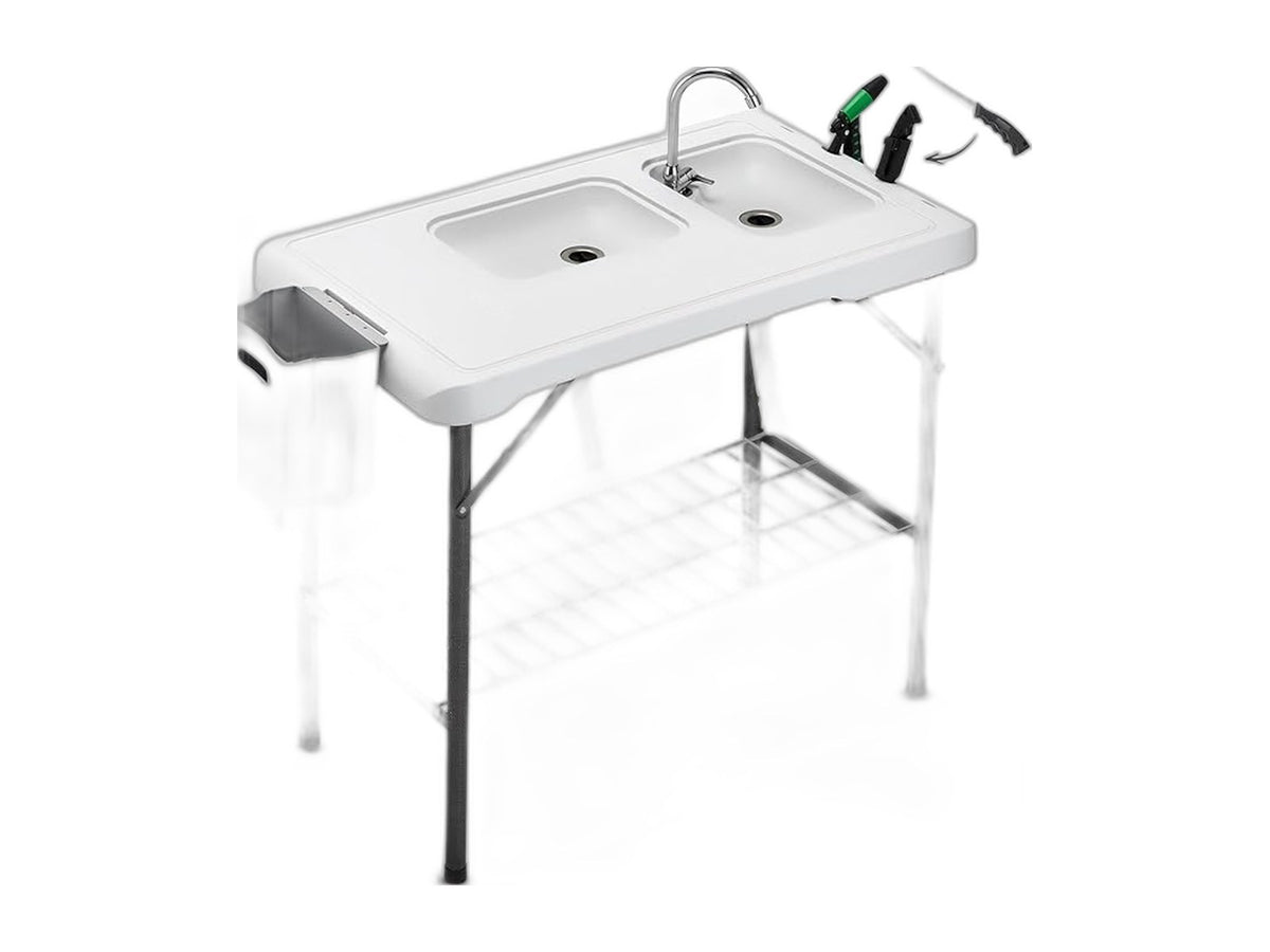 Portable fish cleaning table dual sinks sprayer