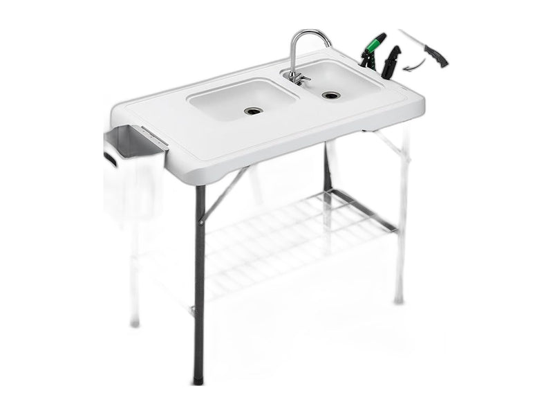 Portable fish cleaning table dual sinks sprayer
