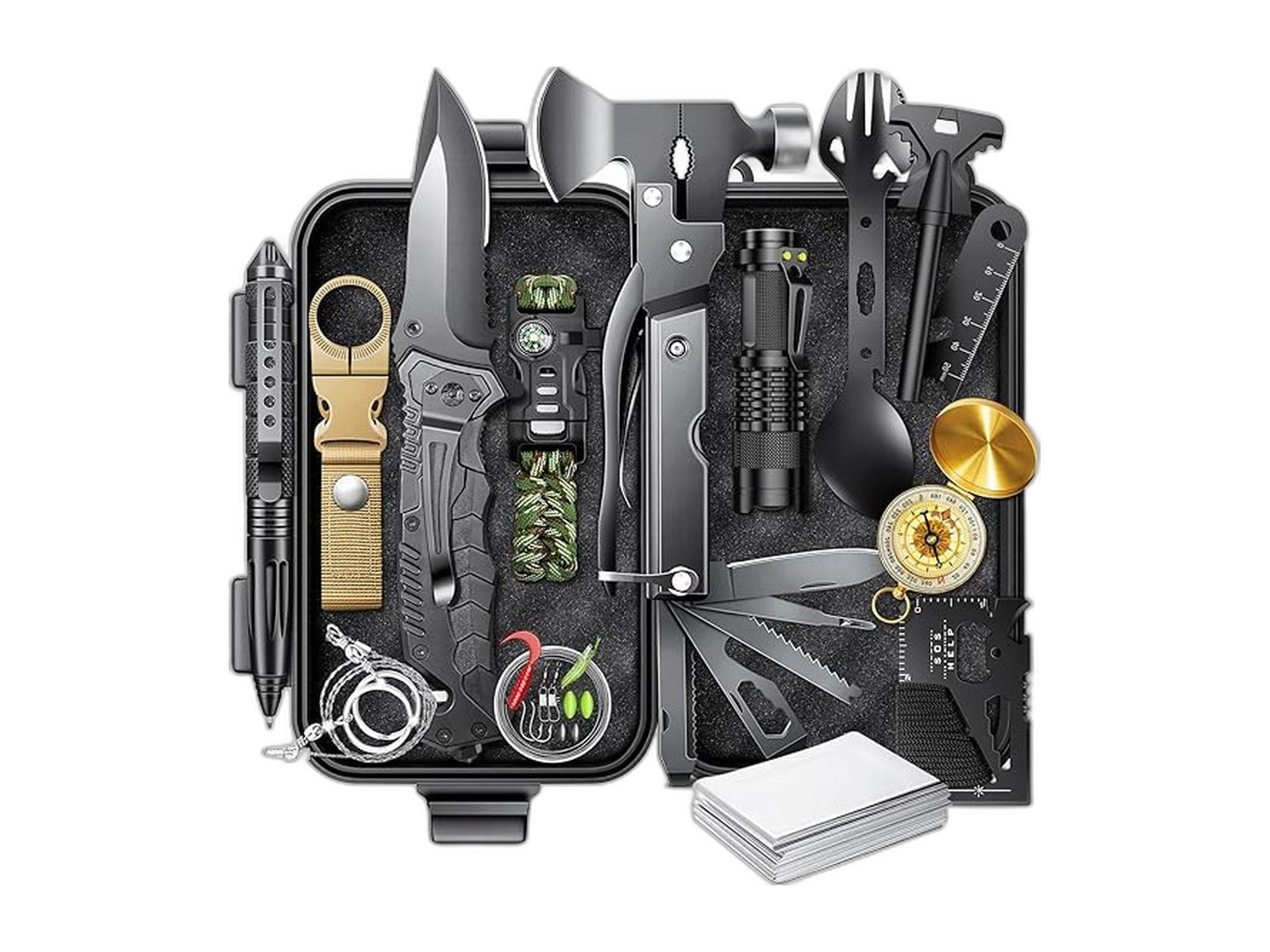 21 in 1 survival gear camping kit on white background
