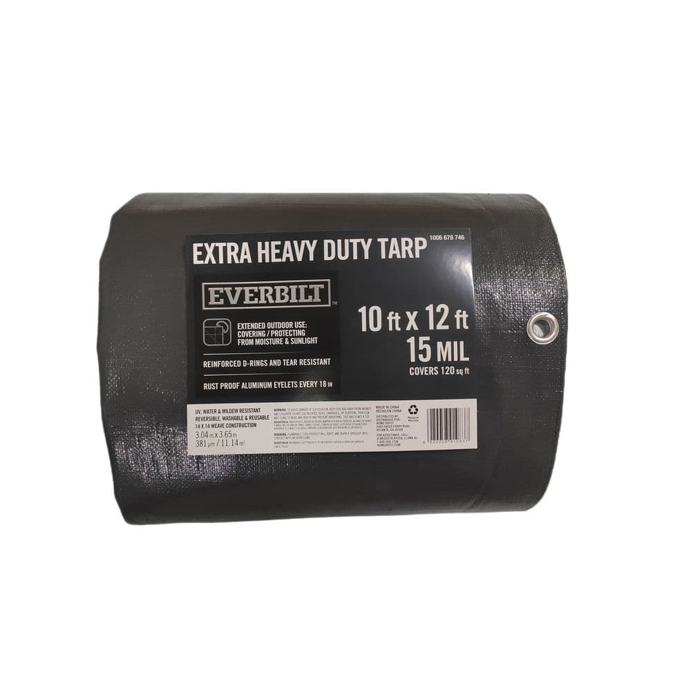 Gray and black extra heavy duty tarp, 10 x 12 ft