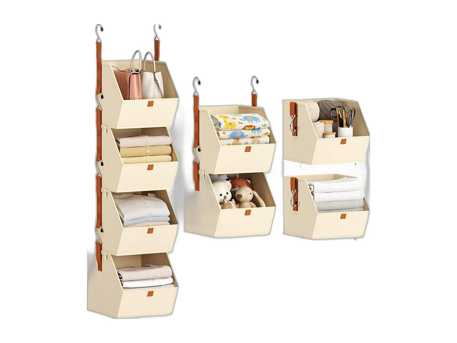 hanging closet organizer 4 tier clothes hanging shelves on white background