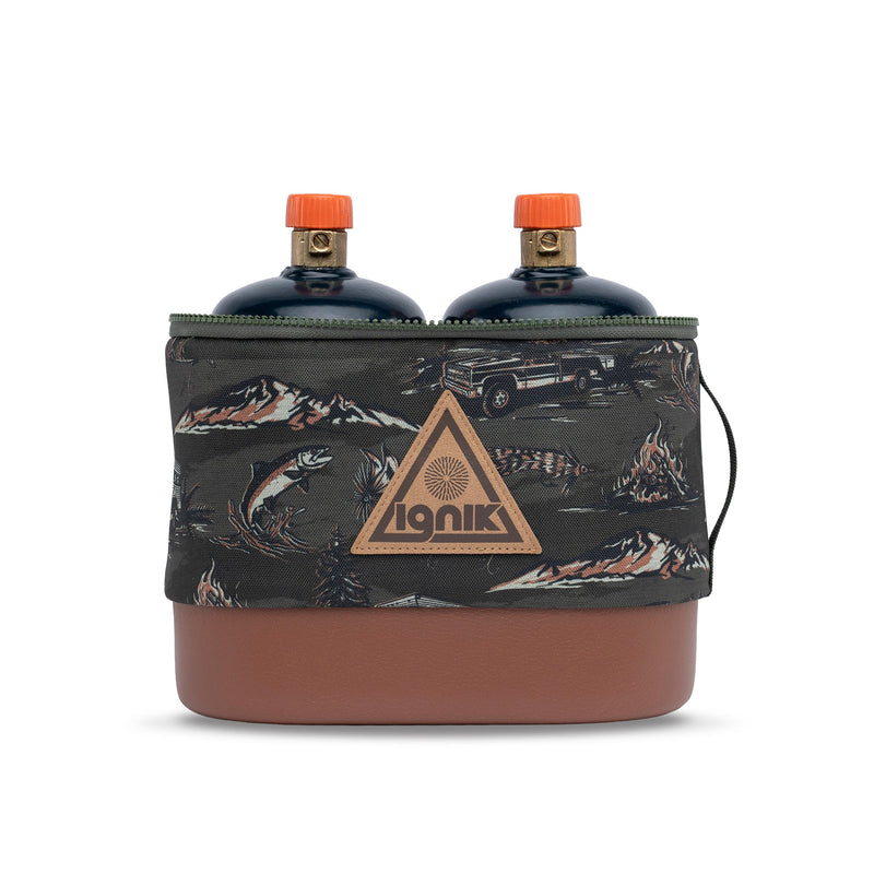 Ignik propane bottle case holding two TapRack bottles