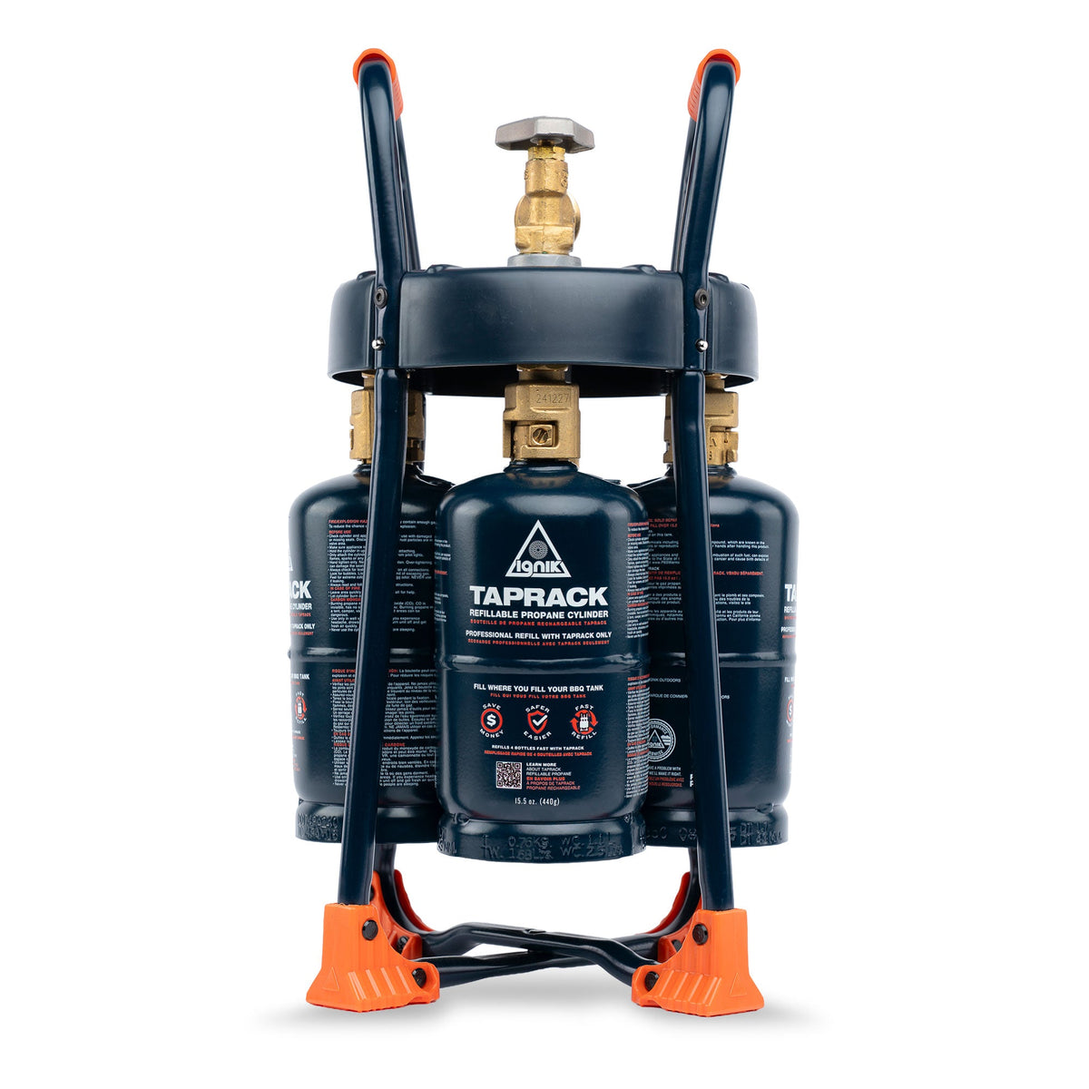 Ignik TapRack refilling device with four blue refillable propane bottles