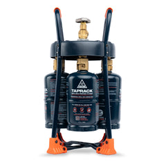 Ignik TapRack refilling device with four blue refillable propane bottles