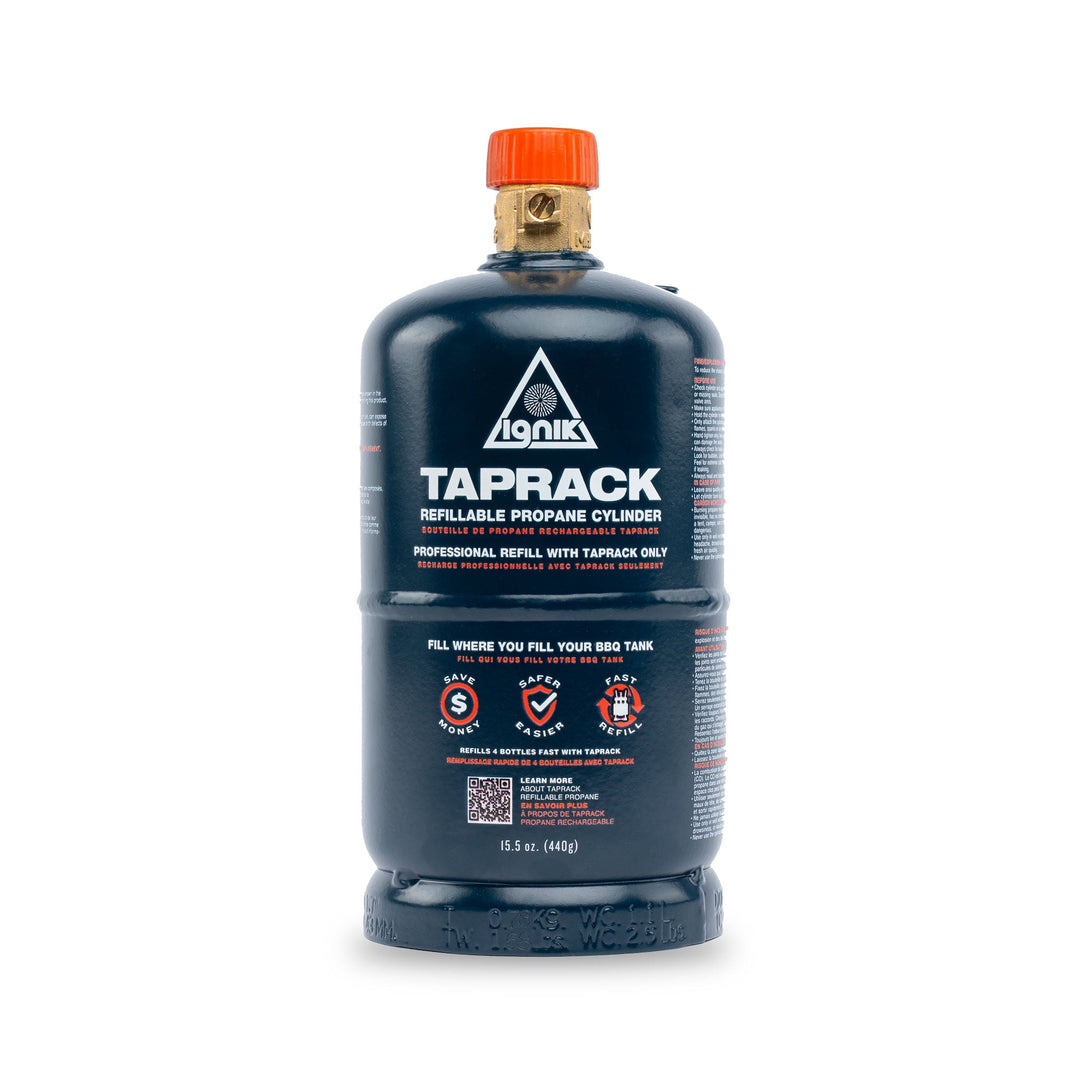 Ignik TapRack blue refillable propane cylinder