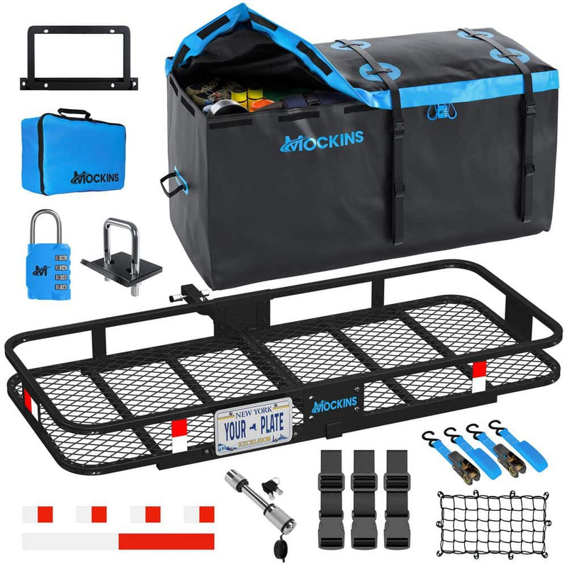 Mockins MA-77 folding hitch cargo carrier with blue bag