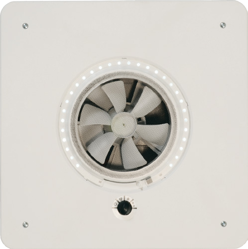 MaxxAir MaxxFan Mini Plus 6" 12V Exhaust Fan with LED Light and Rain Shield, 14" x 14" Opening, Black - view 2