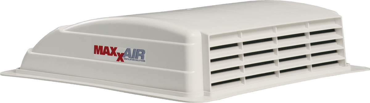 MaxxAir MaxxFan Mini Plus 6" 12V Exhaust Fan with LED Light and Rain Shield, 14" x 14" Opening, White