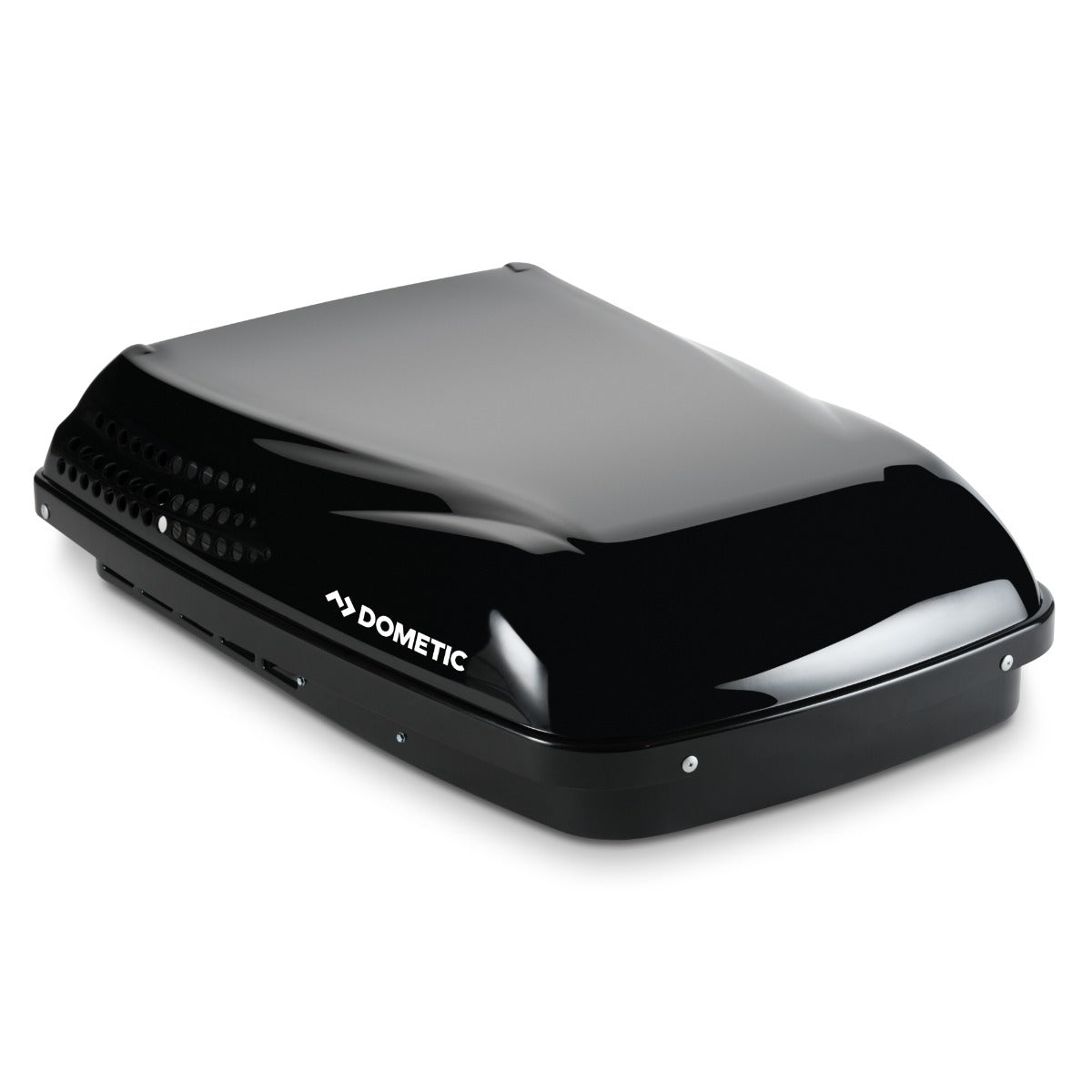 Dometic Penguin II 15,000 BTU black low-profile RV rooftop air conditioner (640315CXX1J0) – three-quarter view