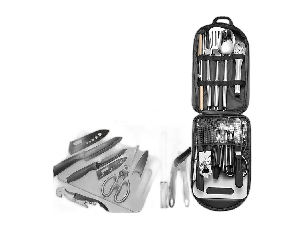 27-piece stainless steel camping utensil set