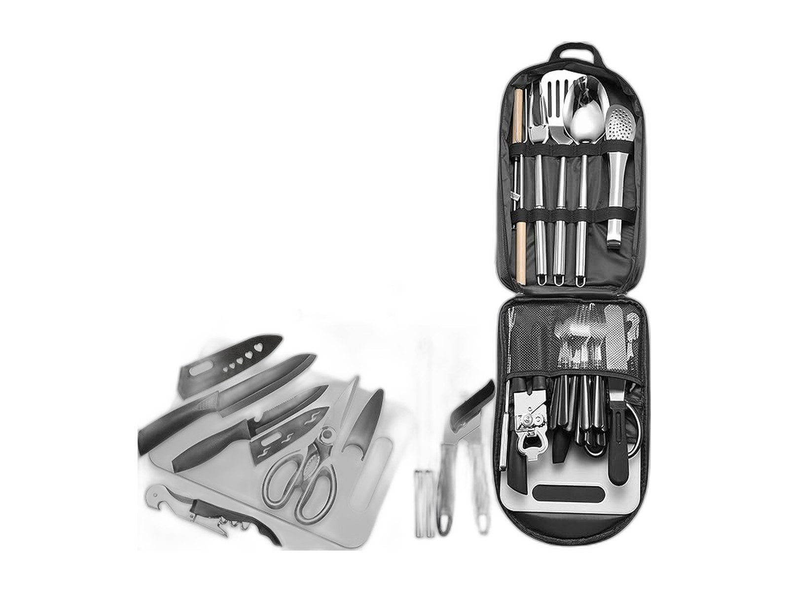 portable camping kitchen utensil set 27 piece on white background