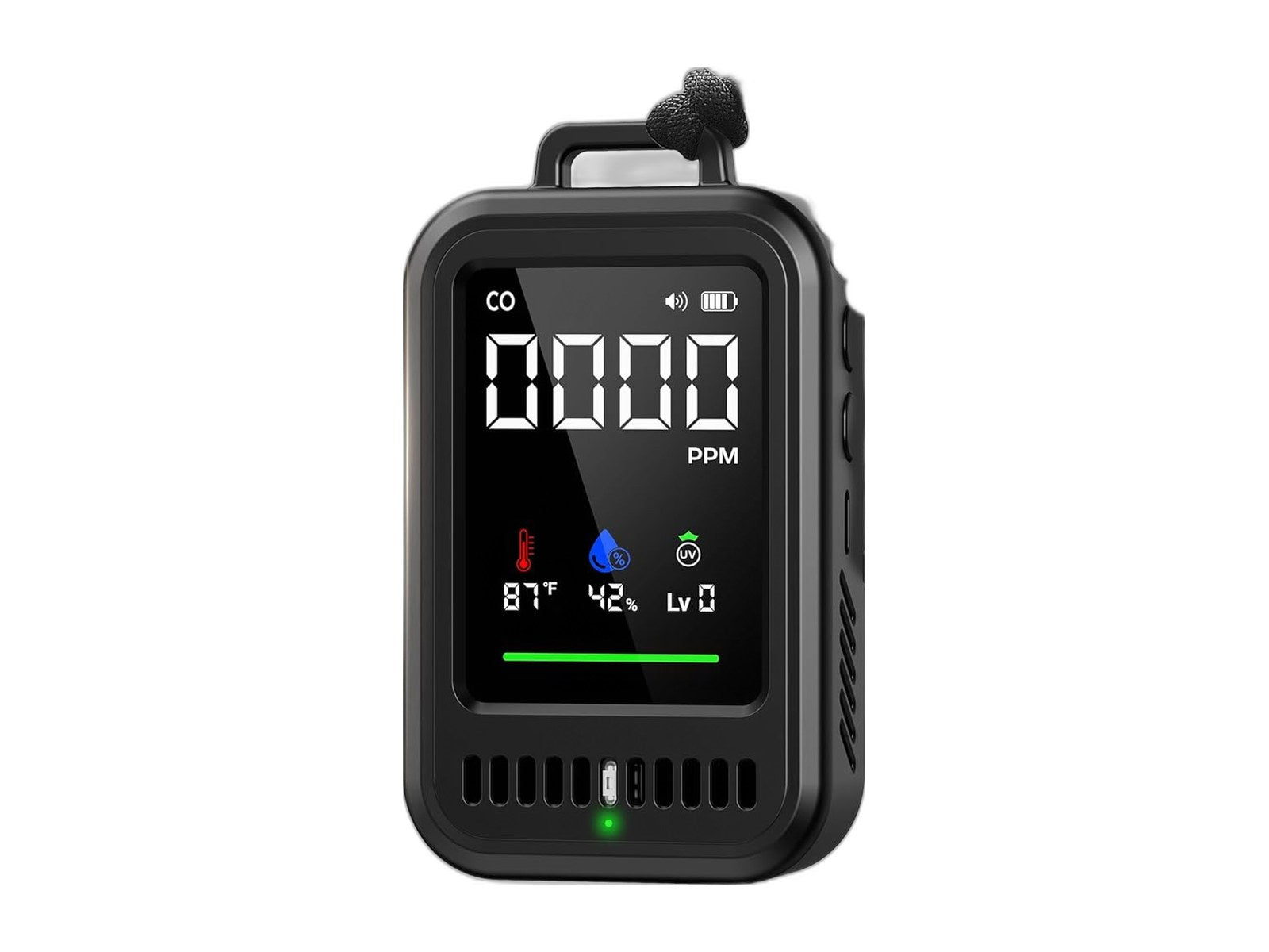 portable carbon monoxide detector for travel 4 in on white background