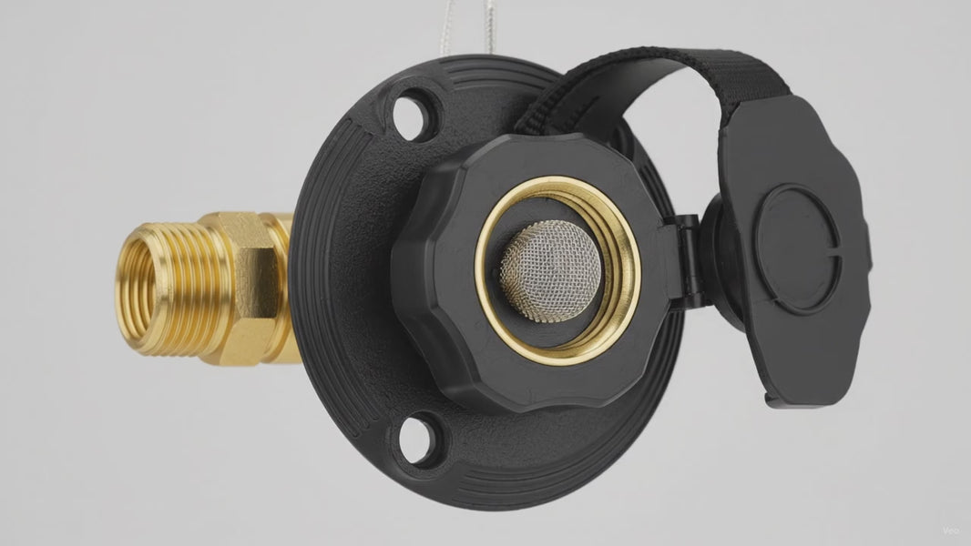 RV City Water Inlet with Brass Check Valve, 3/4" GHT × 1/2" NPT Flange – product video