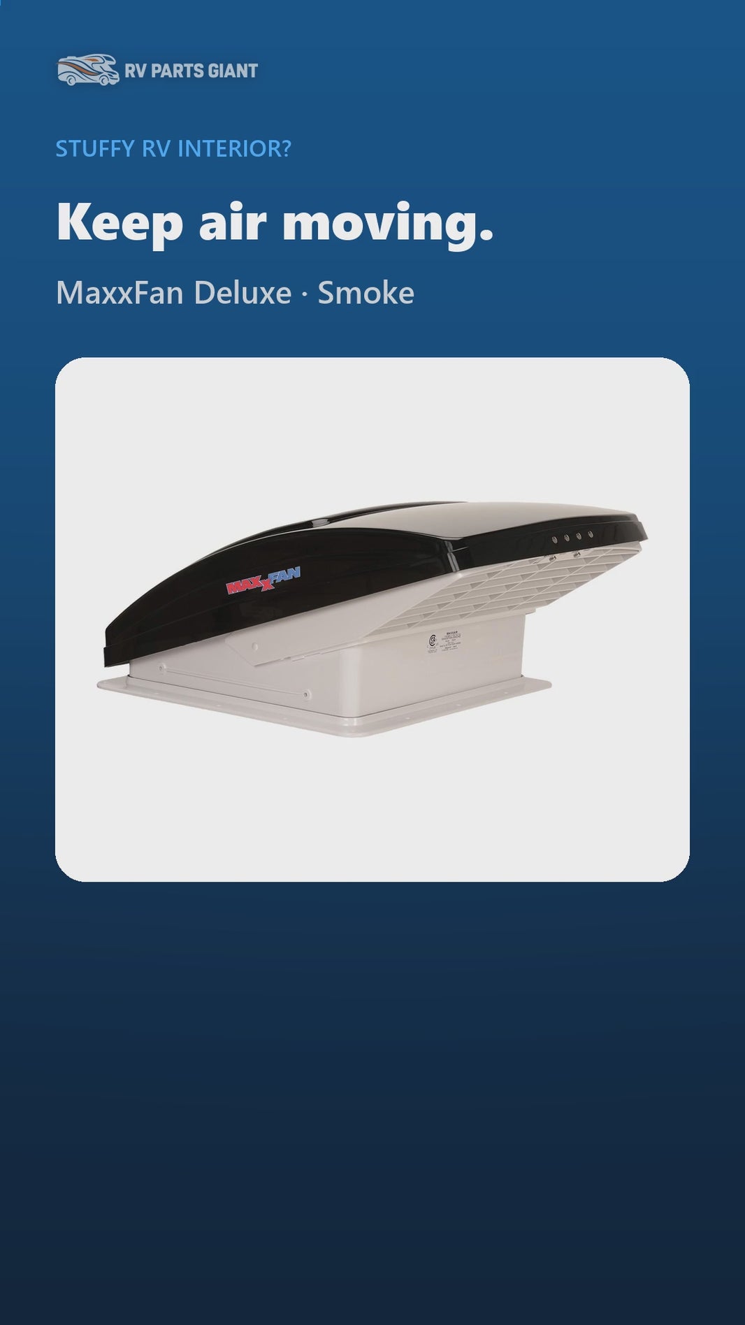 MaxxAir MaxxFan Deluxe 14" RV Roof Vent Fan with Rain Shield, 10-Speed Intake/Exhaust, Thermostat, Electric Lift with Remote, Smoke Lid | 00-07500K product video by RV Parts Giant