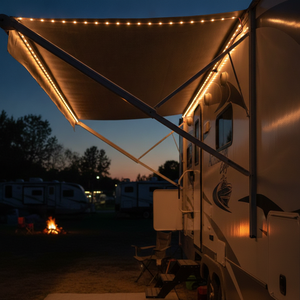 RV Awning LED Strip Lights 20FT 12V lit under a camper awning at dusk – lifestyle photo