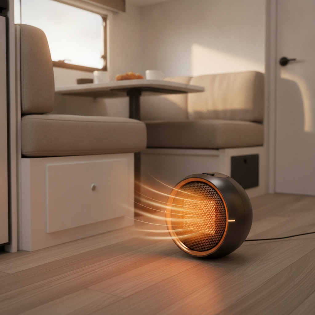 Portable PTC Ceramic Space Heater running on the floor of an RV interior – lifestyle photo