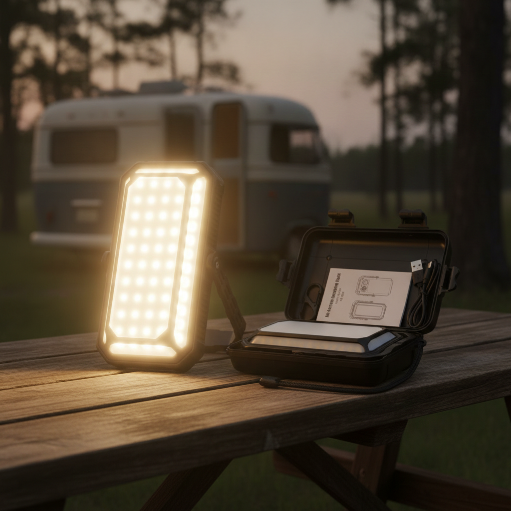 Rechargeable LED Camping Lantern 10000mAh 120+ Hrs lit on a picnic table at a campsite – lifestyle photo