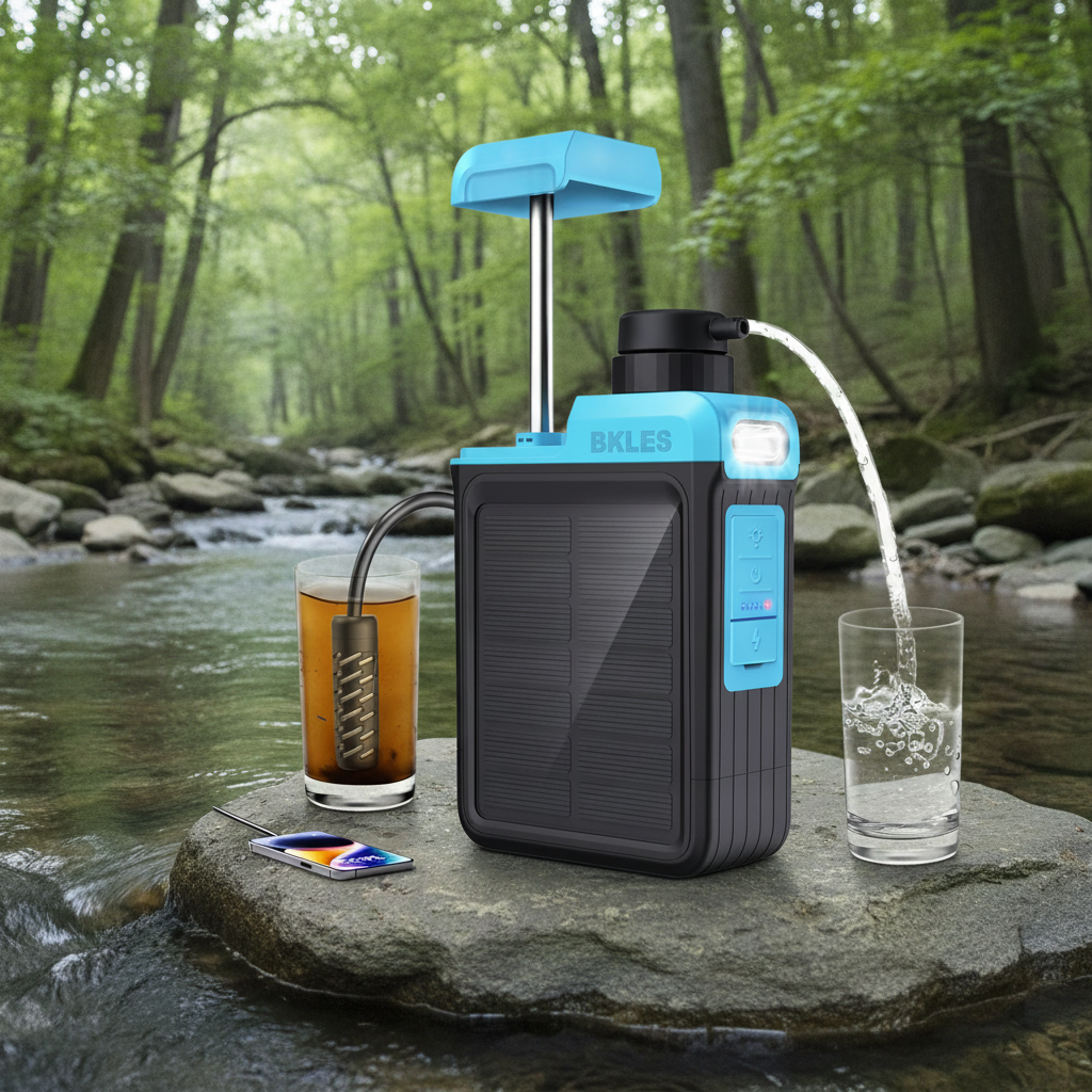 3-in-1 Solar Water Filter with Hand Pump in use beside a stream – lifestyle photo