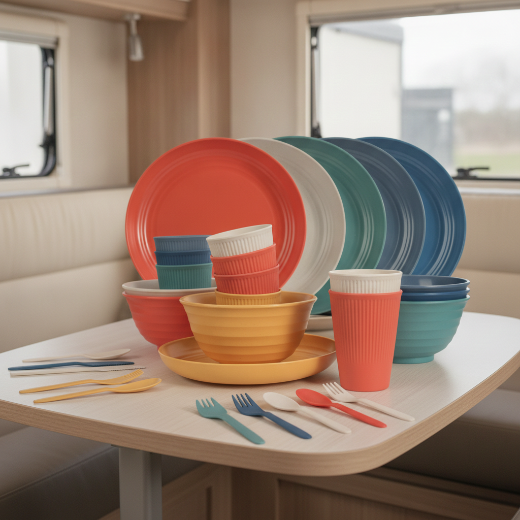 Wheat Straw Dinnerware Set 36pc set out on an RV dinette table – lifestyle photo