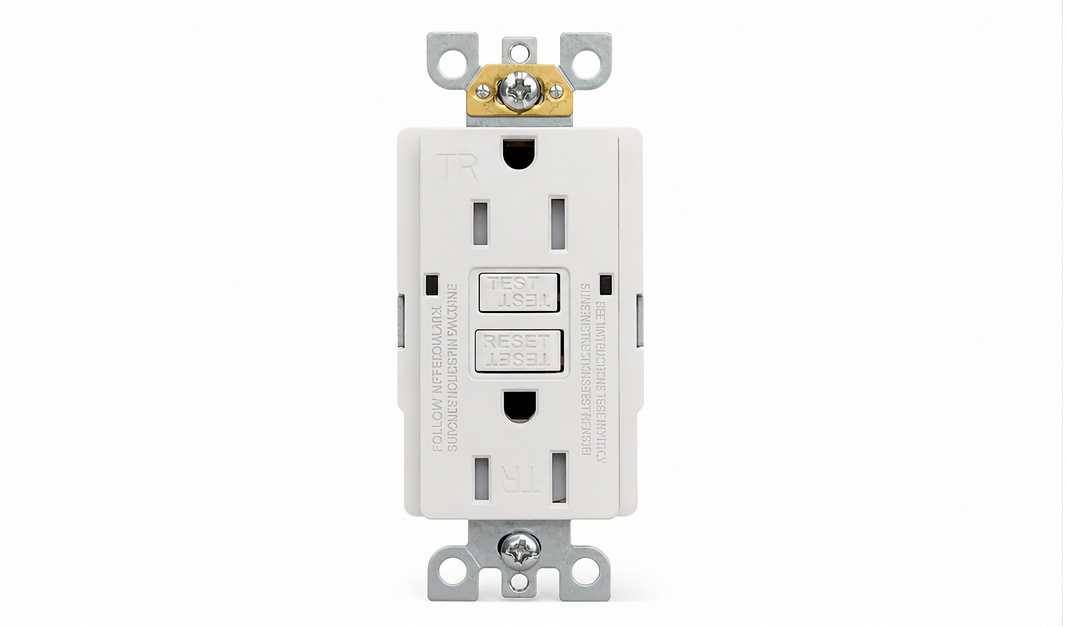 White GFCI duplex receptacle with test reset buttons