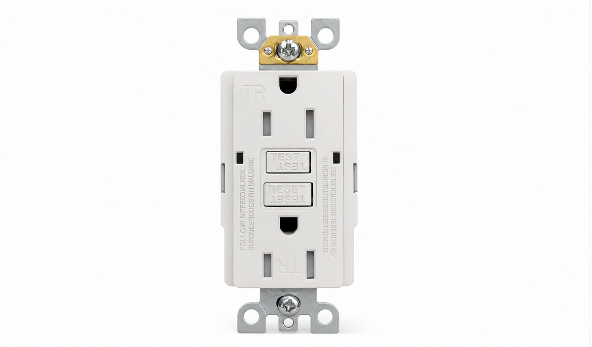 White GFCI duplex receptacle with test reset buttons