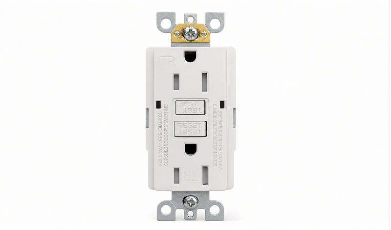 White GFCI duplex receptacle with test reset buttons