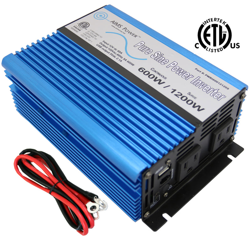 AIMS Power 600W Pure Sine Power Inverter 12V with USB, ETL Listed