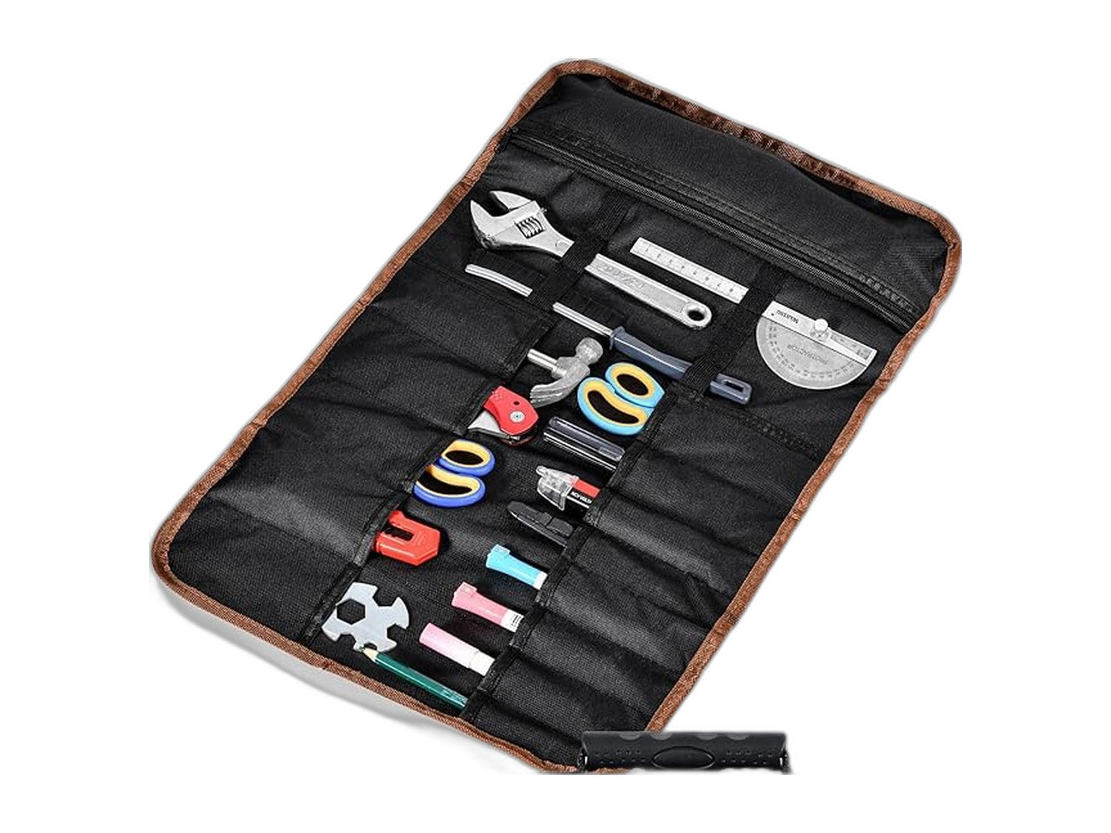 roll up tool bag tools organizer on white background