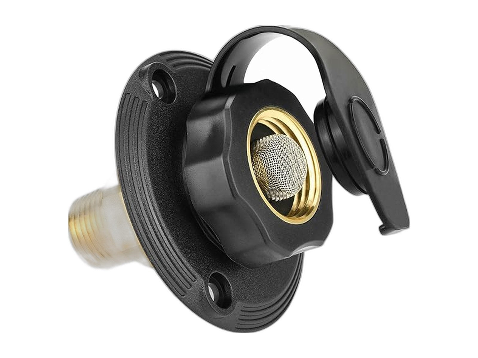 rv city water inlet with brass check on white background