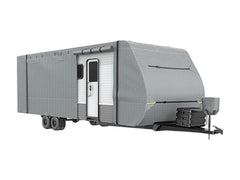 RV travel trailer cover with tie down straps