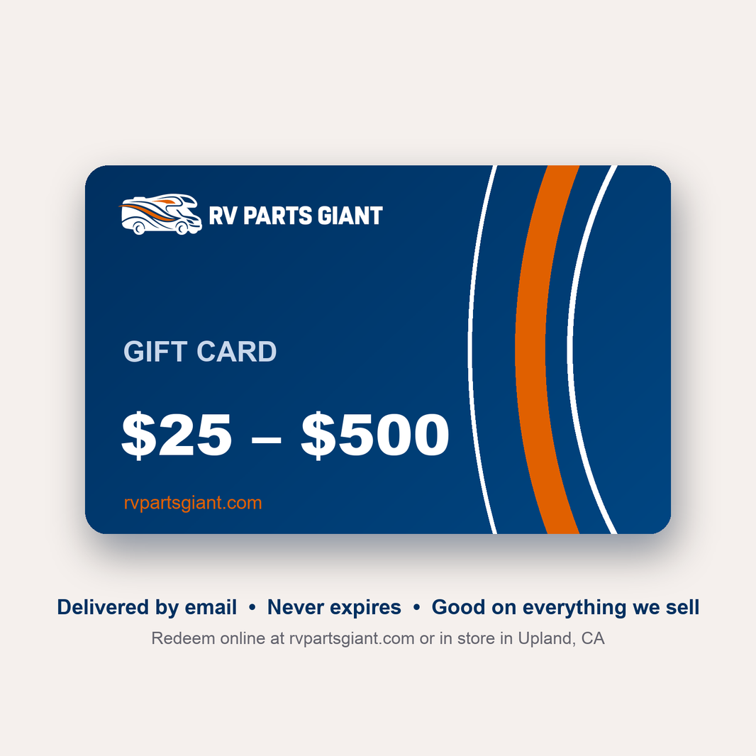 RV Parts Giant gift card, available in $25 to $500 amounts, delivered by email and never expires