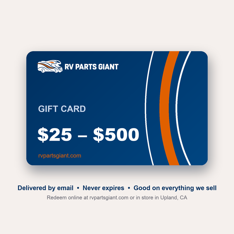 RV Parts Giant gift card, available in $25 to $500 amounts, delivered by email and never expires