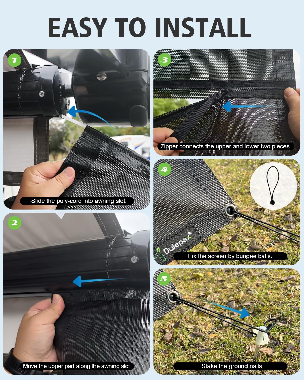 RV Awning Shade Screen with Zipper, 8' x 15'3" for 16' Awnings