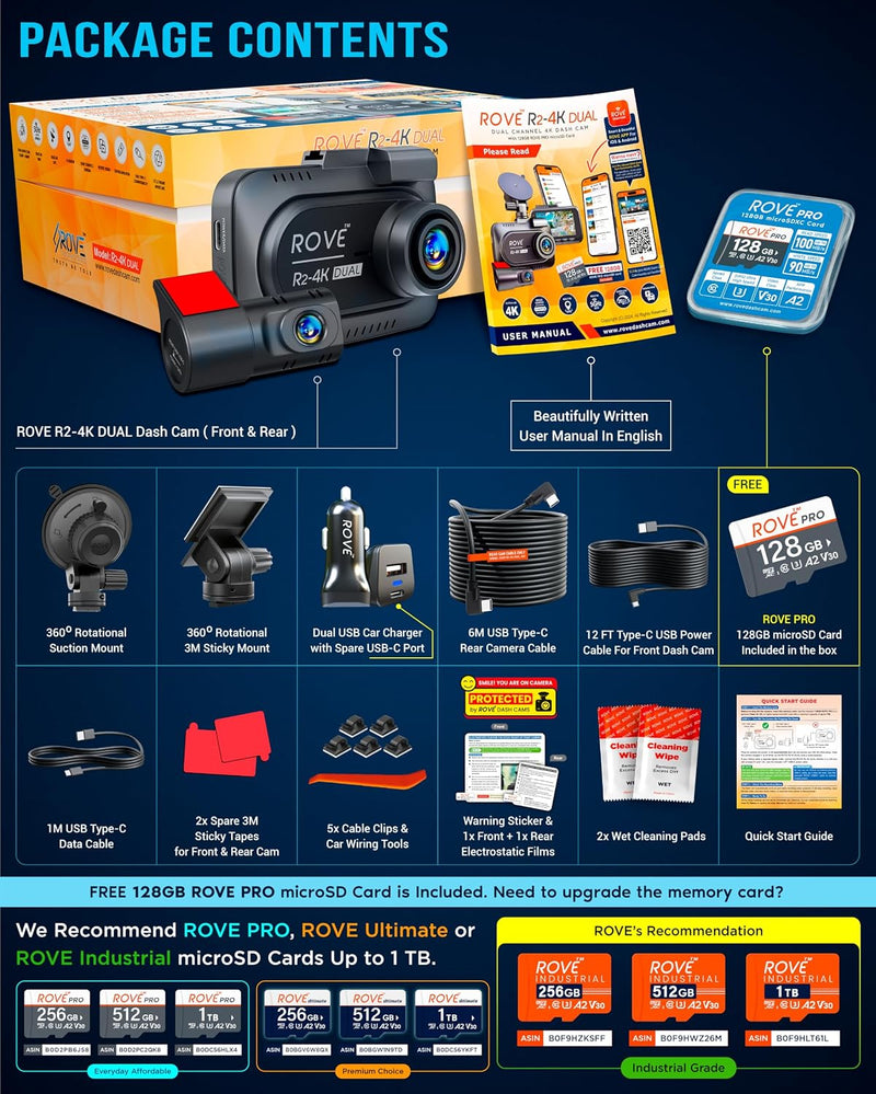 ROVE R2-4K Dual Dash Cam, Front & Rear