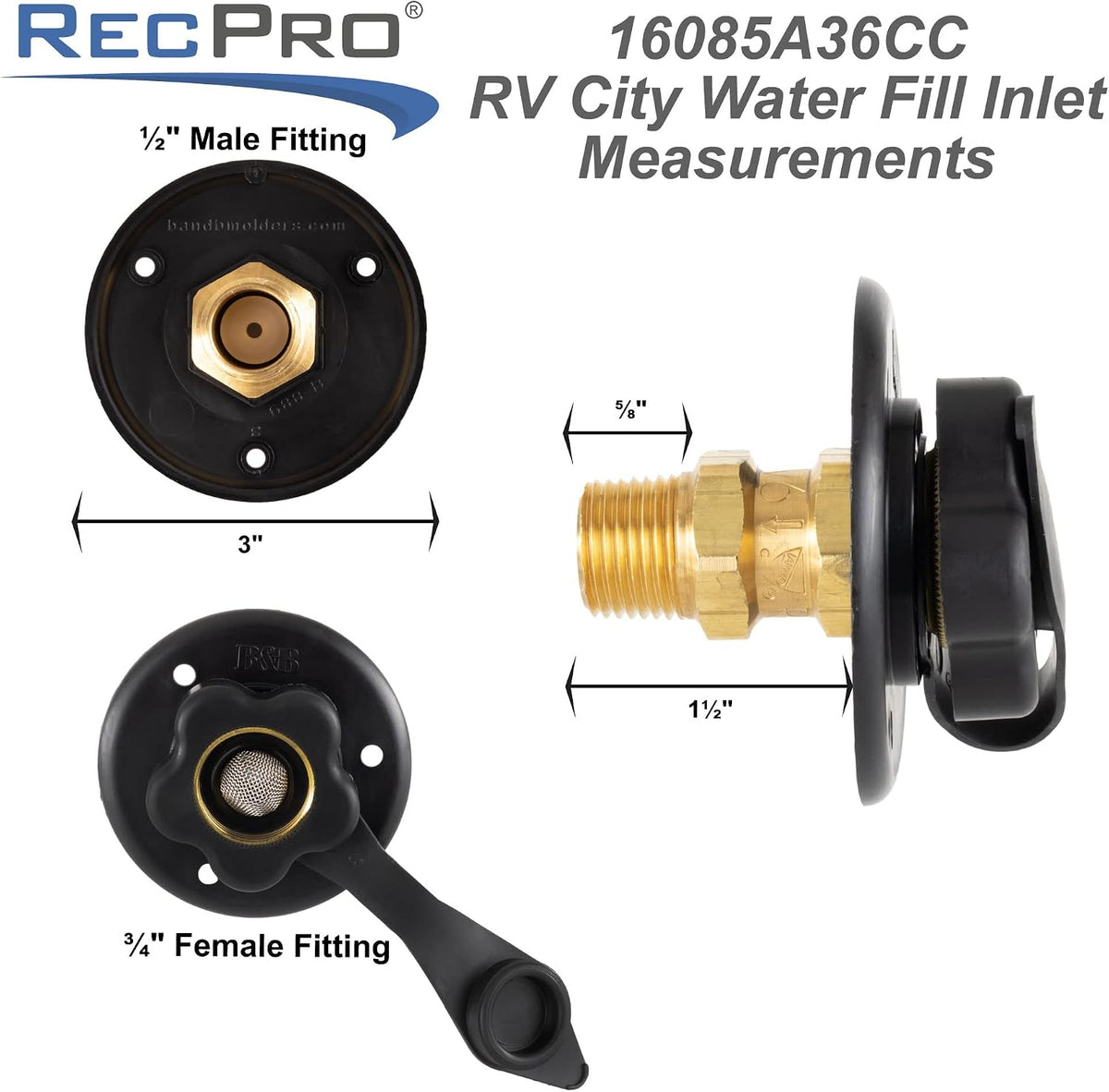 RecPro RV City Water Inlet with Brass Check Valve, Black