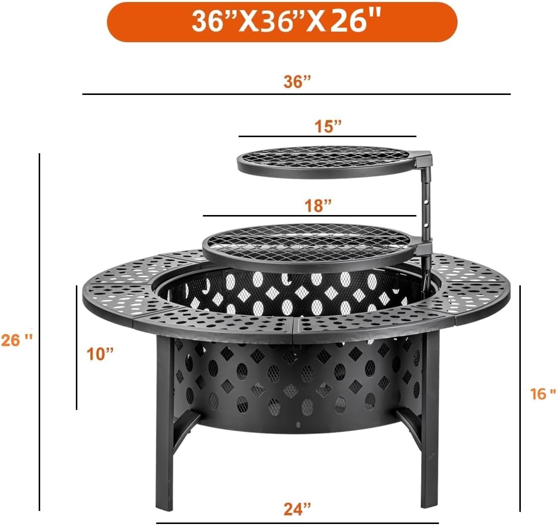 OutVue 36" Wood-Burning Fire Pit with 2 Swivel Grills & Lid